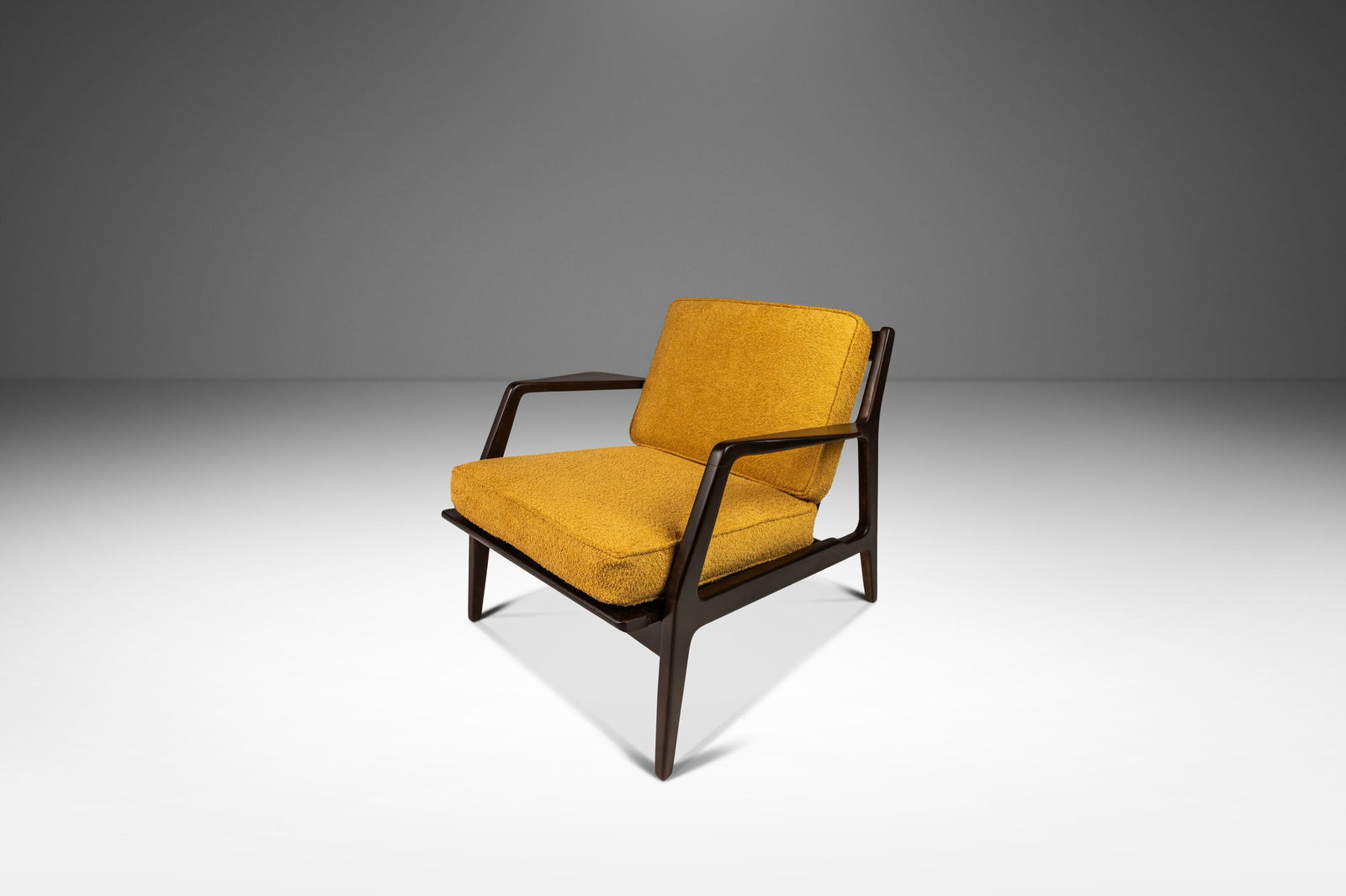 Danish Mid-Century Modern Model 596 Lounge Chair in Beech & Boucle by Lawrence Peabody and Ib Kofod: Danish Mid-Century Modern Model 596 Lounge Chair in Beech & Boucle by Lawrence Peabody and Ib Kofod Larsen for Selig Denmark c. 1950s Danish Mid-Century Modern Model 596 Lounge Chair in Beech & Boucle