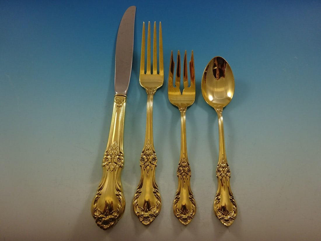 Wild Rose Gold by International Sterling Silver Flatware Service Set 12 Vermeil: Wild Rose Gold by International Sterling Silver Flatware Service Set 12 Vermeil Gorgeous wild rose gold by international sterling silver flatware set - 48 pieces. Gold flatware is on trend and makes a