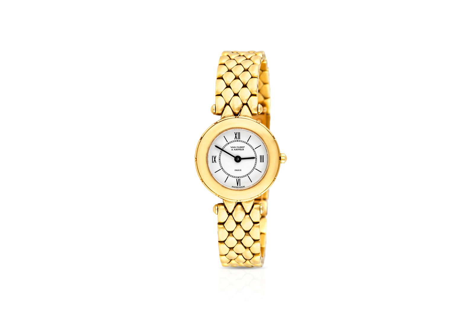 Van Cleef & Arpels Ladies Gold Watch: Van Cleef & Arpels Ladies Gold Watch Vintage ladies' watch finely crafted in 18k yellow gold with white dial. Signed and numbered by Van Cleef & Arpels. Circa 1980's. The BIDHAUS Guarantee: All items