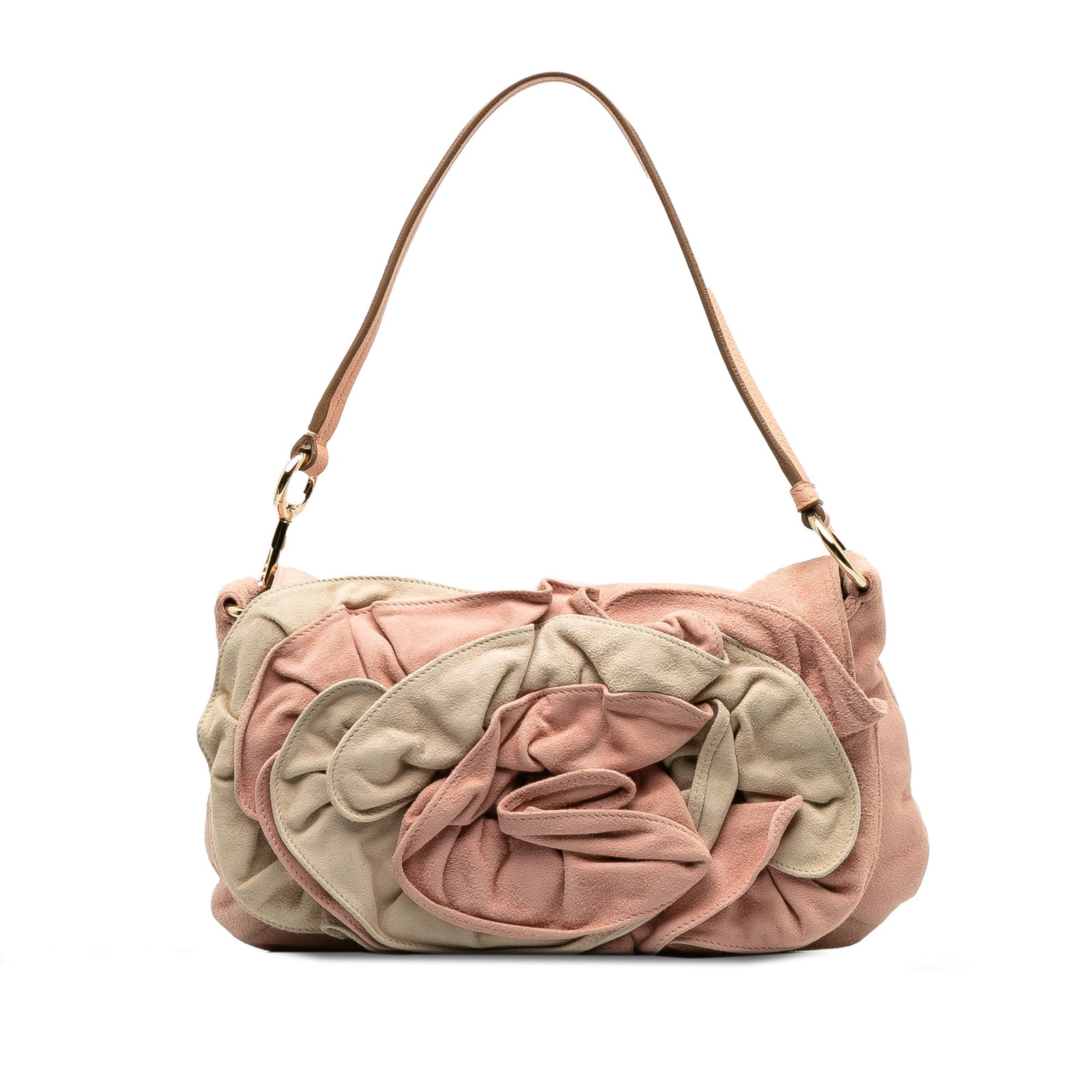 Saint Laurent Suede Nadja Rose Flap Bag: Saint Laurent Suede Nadja Rose Flap Bag The Nadja Rose features a suede body with an oversized rose detail a flat leather strap a front flap with a magnetic closure and interior zip and slip pockets. 