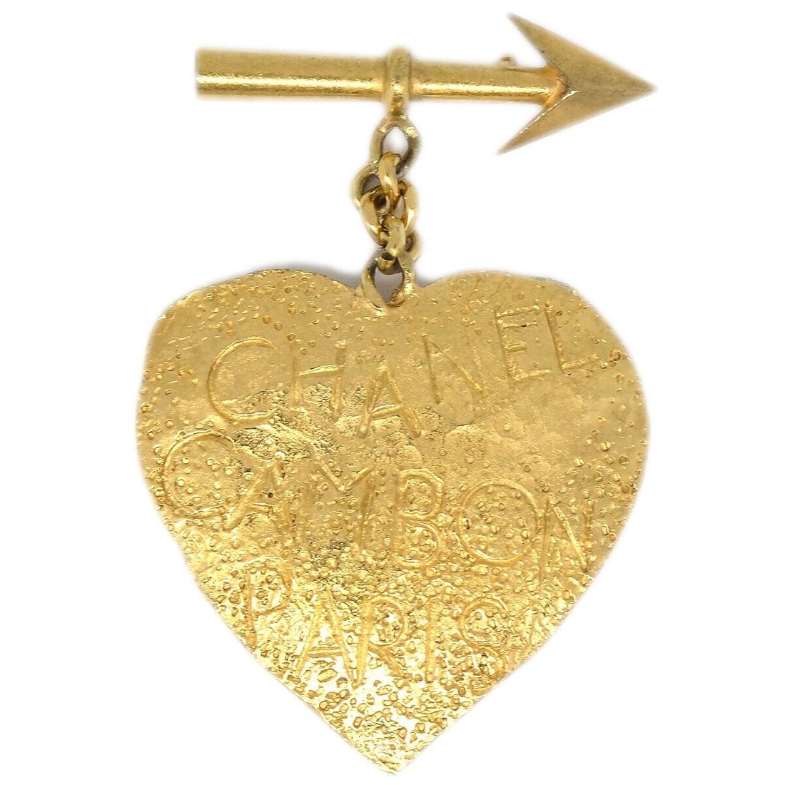 Chanel Bow And Arrow Heart Brooch Corsage Gold 93P: Chanel Bow And Arrow Heart Brooch Corsage Gold 93P Type: Brooch Color: Gold Theme: Heart Material: Gold-plated Metal: Gold-plated Vintage: Yes Outside Condition: AB: Very Good/Inside Condition: C: Hea