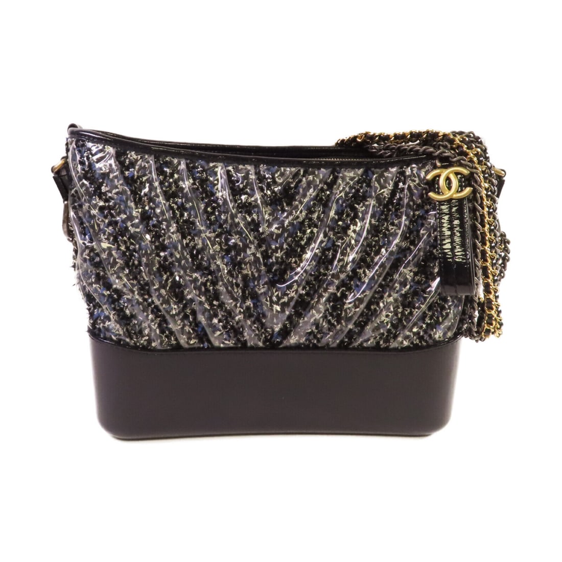 CHANEL Herringbone CC GHW Gabrielle Chain Shoulder Bag PVC Tweed Black Blue: CHANEL Herringbone CC GHW Gabrielle Chain Shoulder Bag PVC Tweed Black Blue Style: Shoulder Bag Exterior Material: Other Exterior Color: Black Bag Height: 8.3 Bag Depth: 3.9 Bag Length: 11.0 Size Type