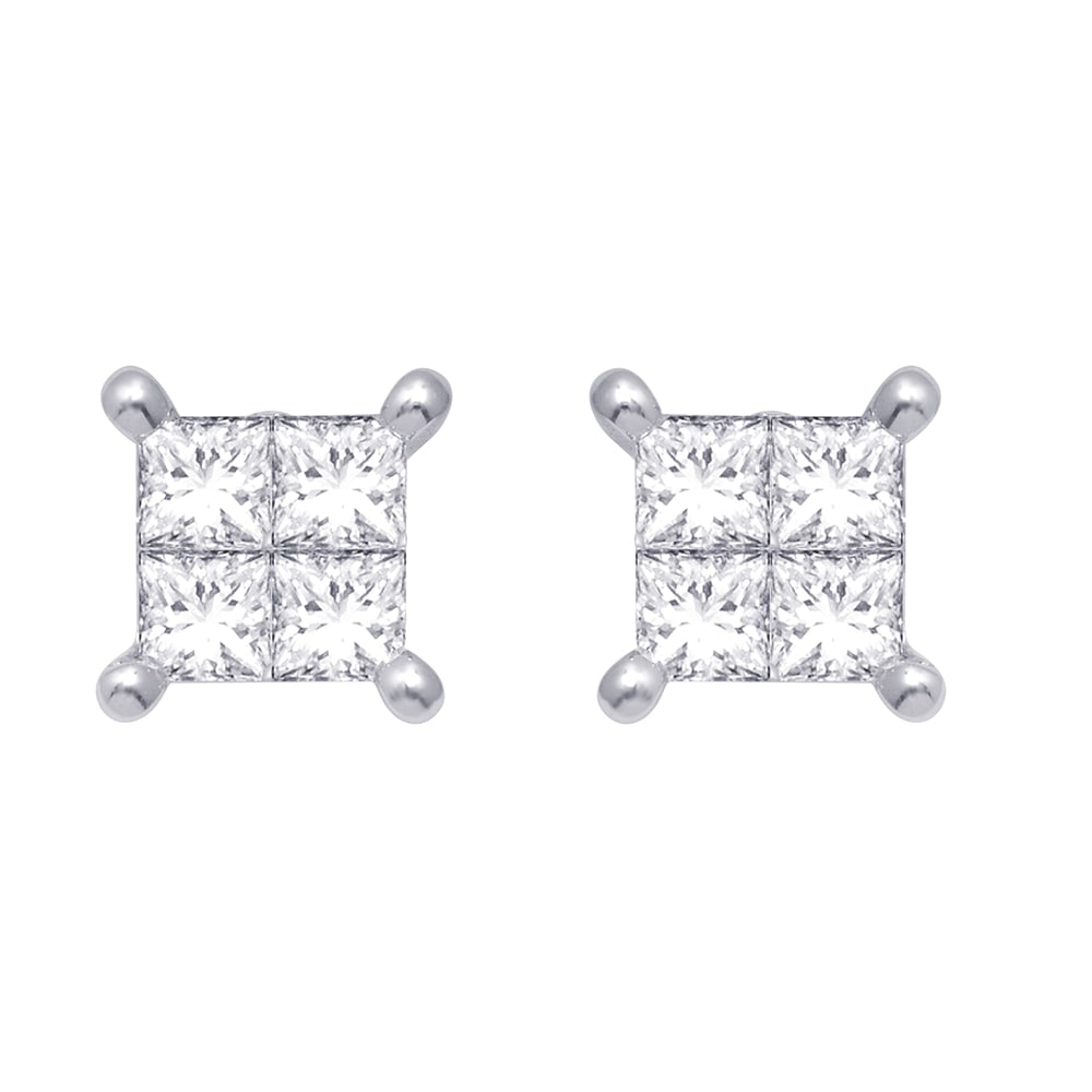 14K White Gold 1/3 Ct.Tw. Diamond Stud Earrings: 14K White Gold 1/3 Ct.Tw. Diamond Stud Earrings These eye-catching Earrings are available in 14K White Gold. There are 8 princess diamonds with a total carat weight of 1/3 ctw set in a invisible setti