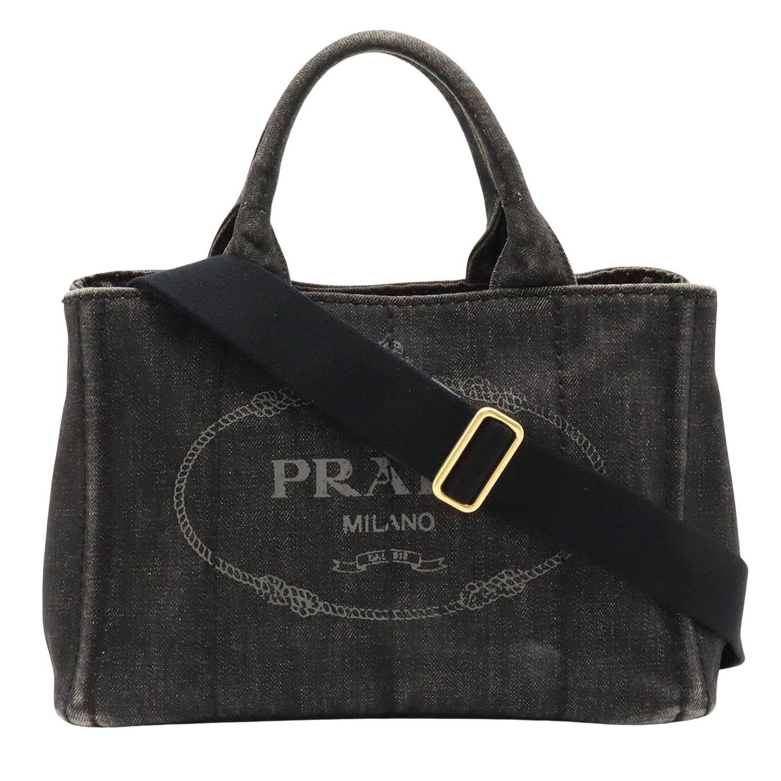 Prada Canapa: Prada Canapa Brand: Prada Model: Canapa Color: Black Material: Denim - Jeans Dimensions: 19cm x 29cm x 16cm Country of Origin: Italy Comments: The Prada Canapa black denim jeans handbag offers a uniqu