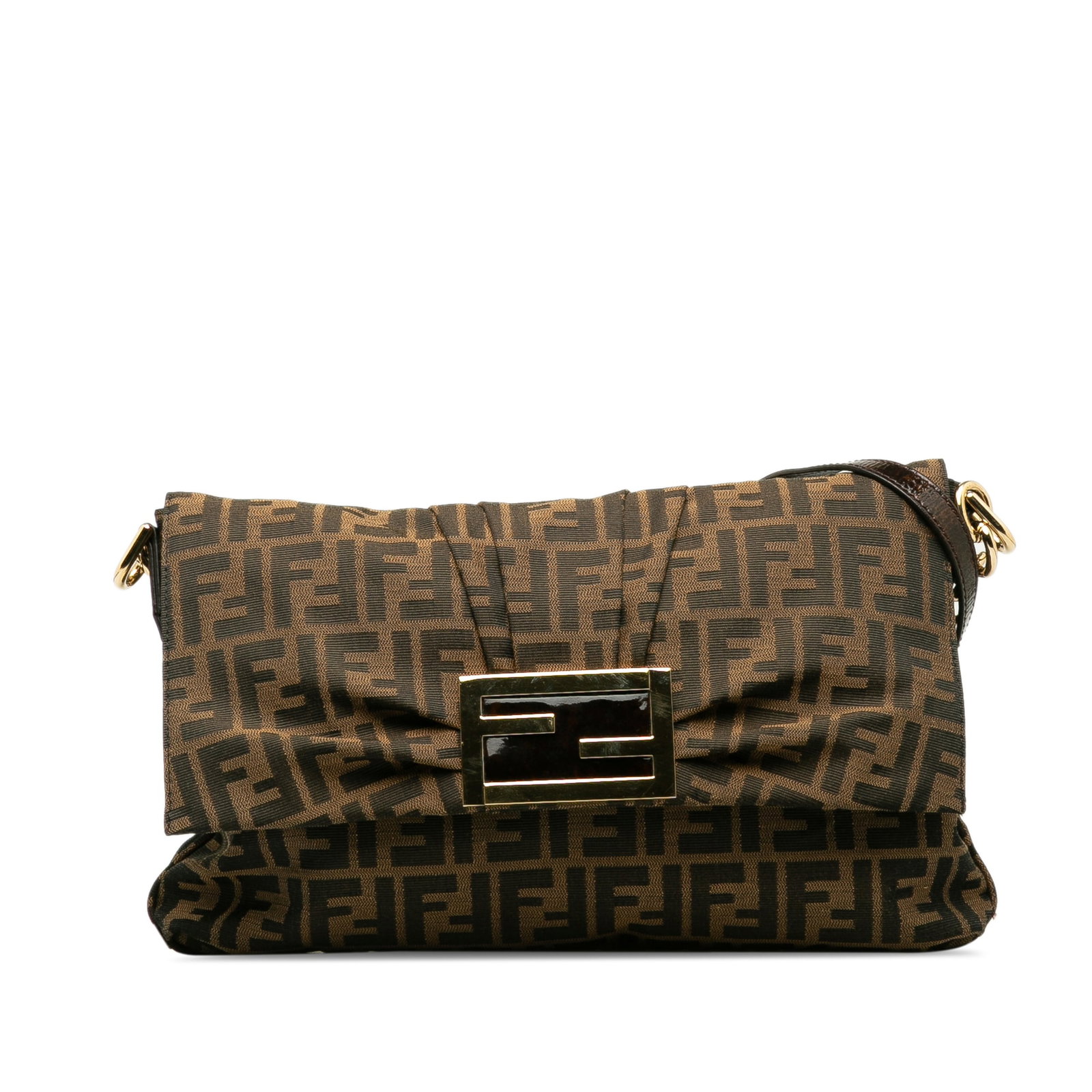 Fendi Zucca Mia Flap Crossbody Bag: Fendi Zucca Mia Flap Crossbody Bag The Mia features a canvas body a flat leather strap a flap with a magnetic button closure an interior zip compartment and an interior slip pocket. Brand: Fendi Model