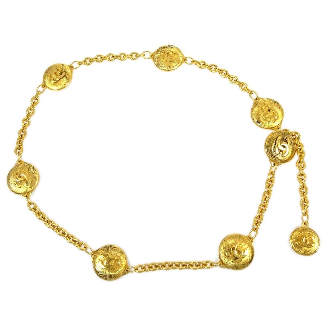 Chanel Medallion Chain Belt Gold Small Good 0263: Chanel Medallion Chain Belt Gold Small Good 0263 Type: Belt Size: One Size Color: Gold Style: Chain Belt Material: Gold-plated None The BIDHAUS Guarantee: All items in this auction are guaranteed to b