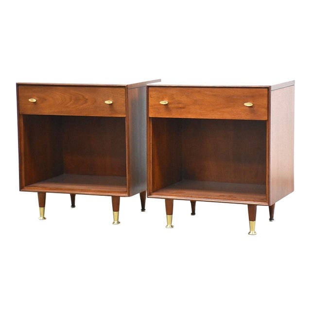 Walnut Nightstands by Rway - a Pair: Walnut Nightstands by Rway - a Pair A pair of mid century modern single drawer nightstands by RWAY Furniture with brass knobs and brass ferrules. Professionally refinished. 21" wide. 15" deep. 24" tal