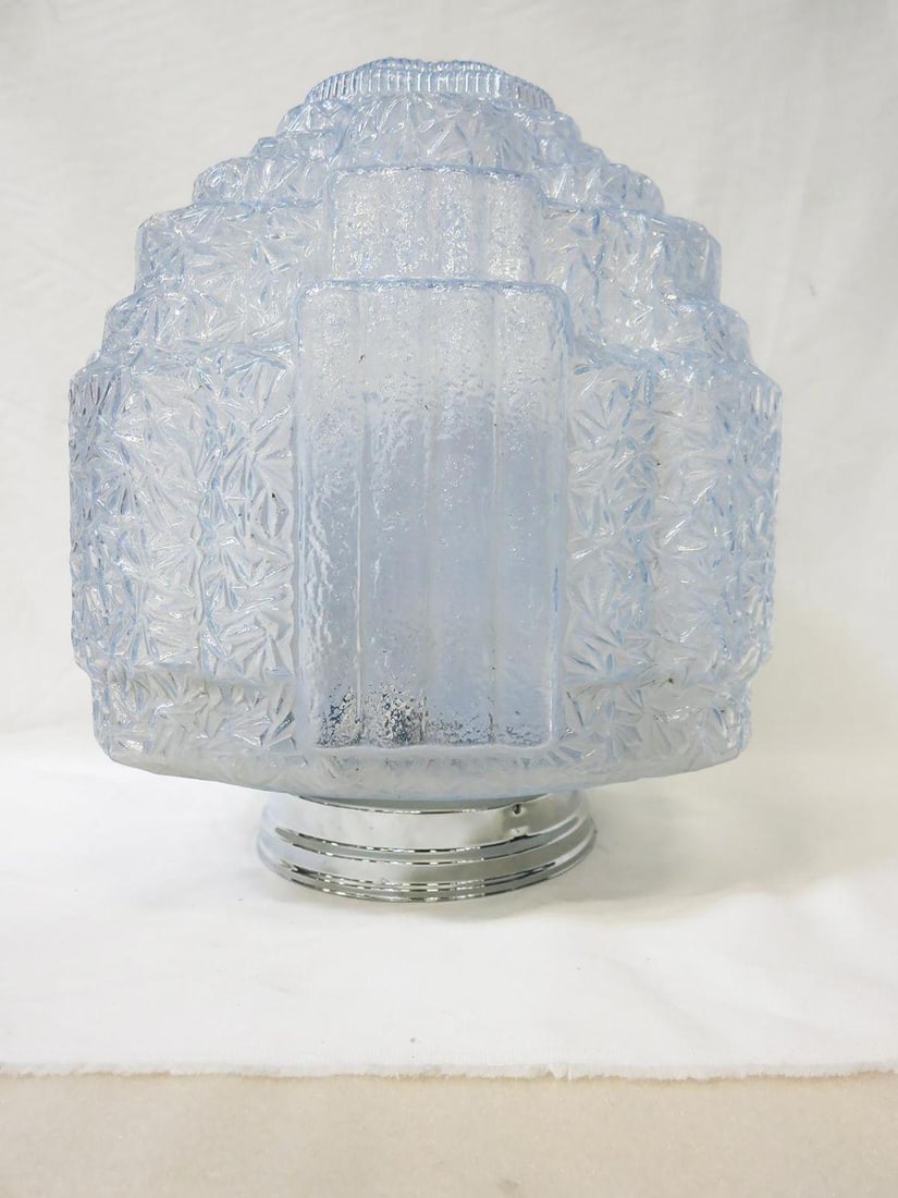 Art Deco Opalescent Ice Blue Stepped Skyscraper Ceiling Glass Globe Pendant: Art Deco Opalescent Ice Blue Stepped Skyscraper Ceiling Glass Globe Pendant Dimensions: Height: 15 in (38.1 cm)Diameter: 11 in (27.94 cm) Style: Art Deco (Of the Period) Materials and Techniques: Glas
