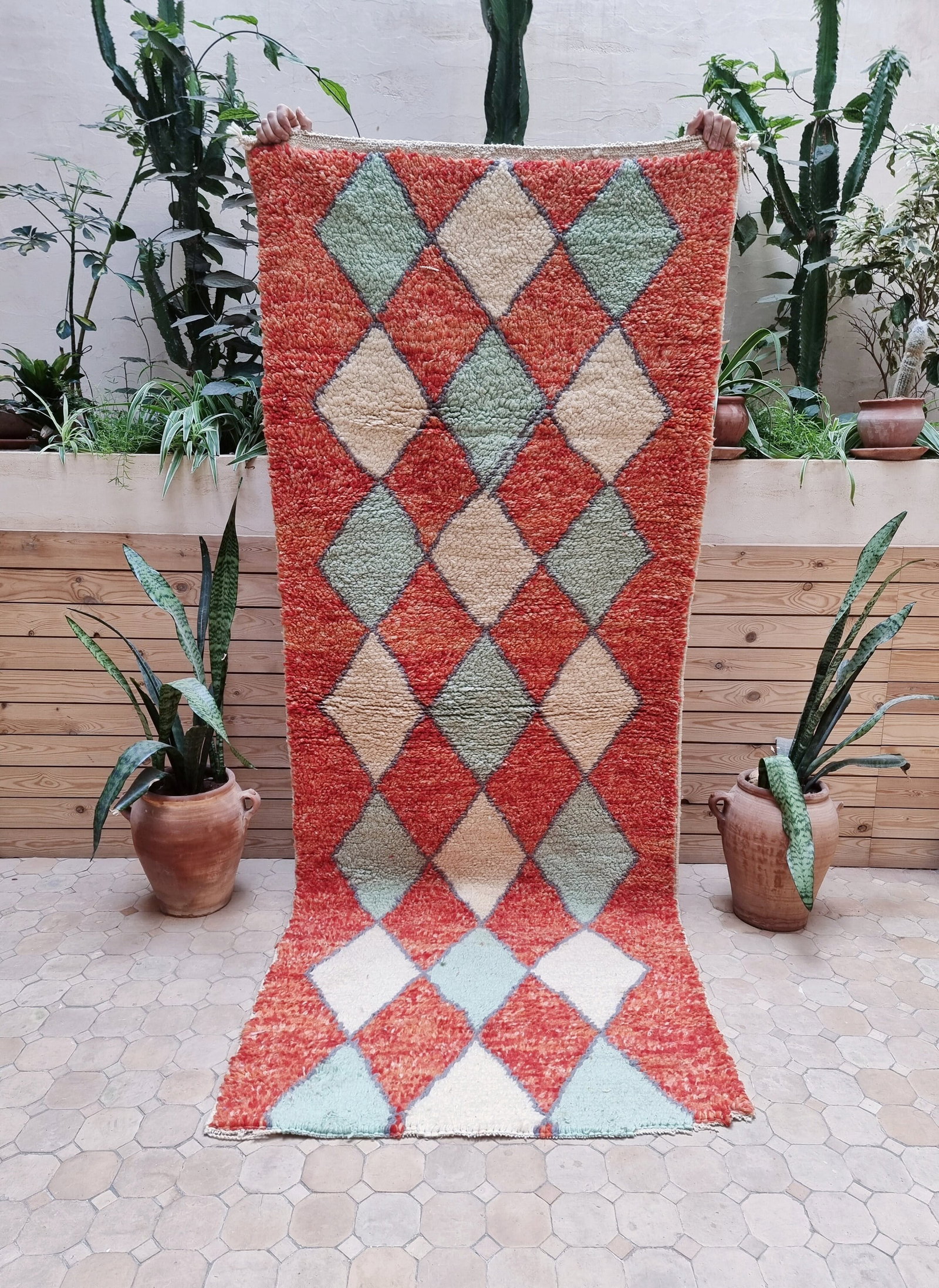 Moroccan Vintage Boujaad Rug : Vibrant Orange Elegance - 96.4 x 37.4 inches - (245x 95 cm) -Natural: Moroccan Vintage Boujaad Rug : Vibrant Orange Elegance - 96.4 x 37.4 inches - (245x 95 cm) -Natural Wool -Timeless Elegance- Immerse your space in the vibrant charm of our Vintage Boujaad Moroccan Rug