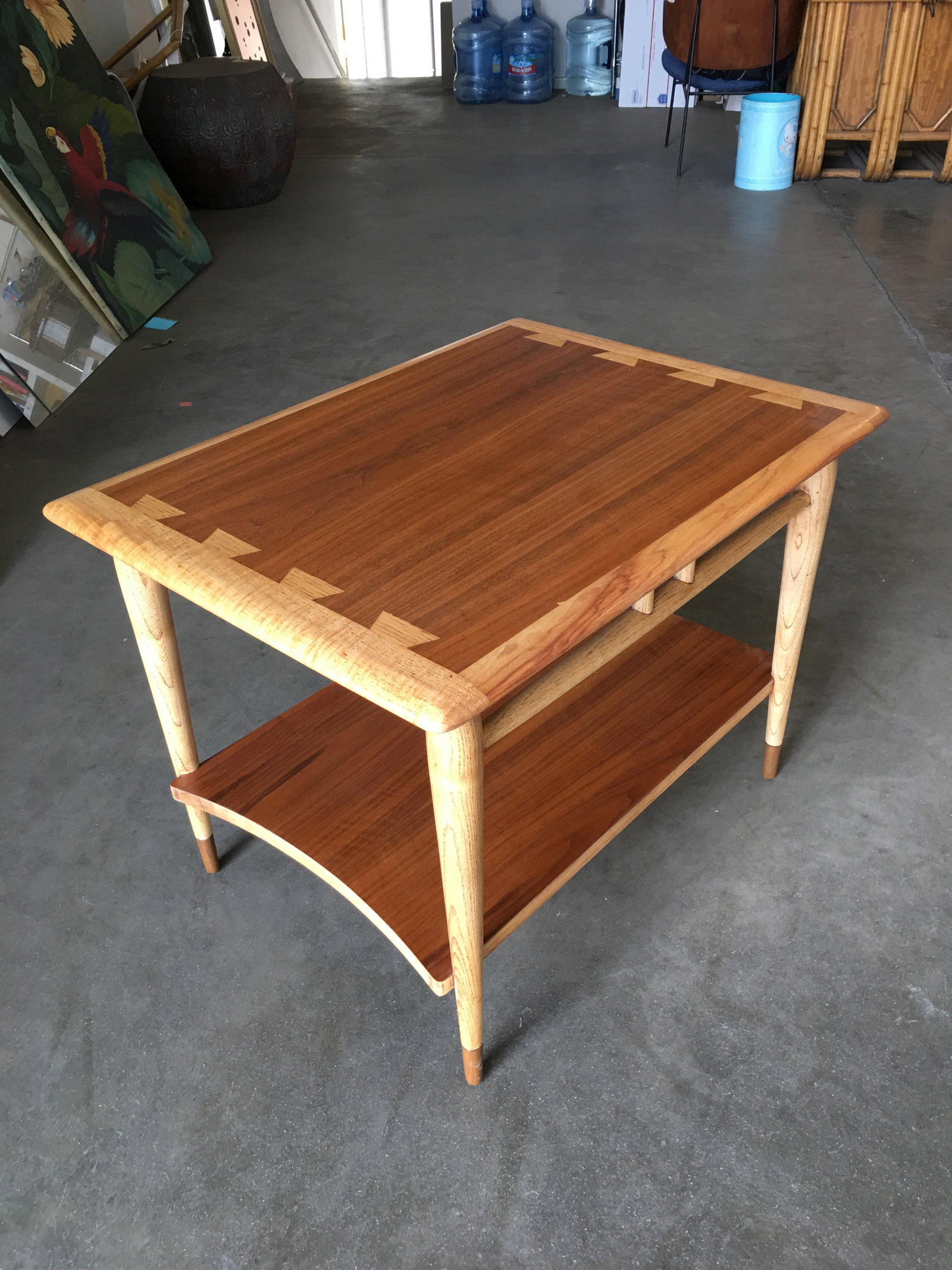 Lane Acclaim Walnut and Ash Inlay Side Table Designed by Andre Bus: Lane Acclaim Walnut and Ash Inlay Side Table Designed by Andre Bus Dimensions: Height: 20 in (50.8 cm)Width: 21 in (53.34 cm)Depth: 28 in (71.12 cm) Style: Mid-Century Modern (In the Style Of) Materia
