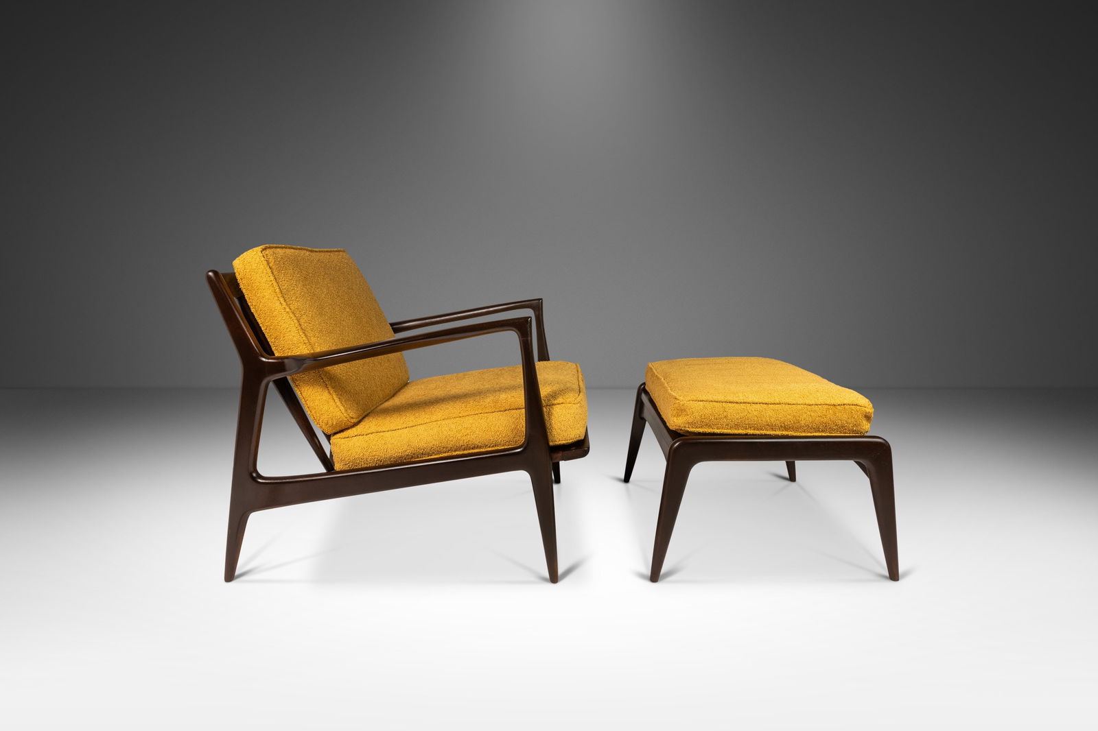 Danish Modern "Blade Arm" Lounge Chair and Ottoman Set in Beech & Boucle by Ib Kofod Larsen for: Danish Modern "Blade Arm" Lounge Chair and Ottoman Set in Beech & Boucle by Ib Kofod Larsen for Selig Denmark c. 1960s Danish Modern Blade Arm Lounge Chair & Ottoman Set in Beech & boucle by Ib Kofod