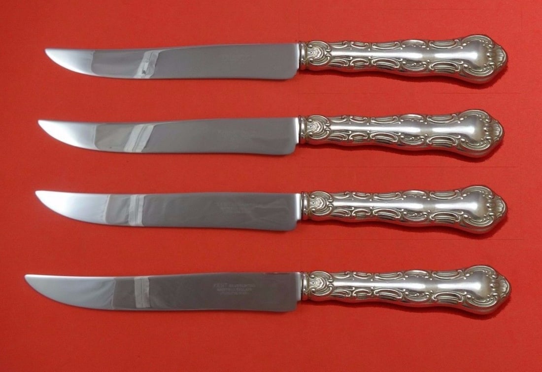 Strasbourg by Gorham Sterling Silver Steak Knife Set 4pc Texas Sized Custom: Strasbourg by Gorham Sterling Silver Steak Knife Set 4pc Texas Sized Custom Flowing scrollwork follows the gently curved handles of this magnificent pattern inspired by the rococo style of design favo
