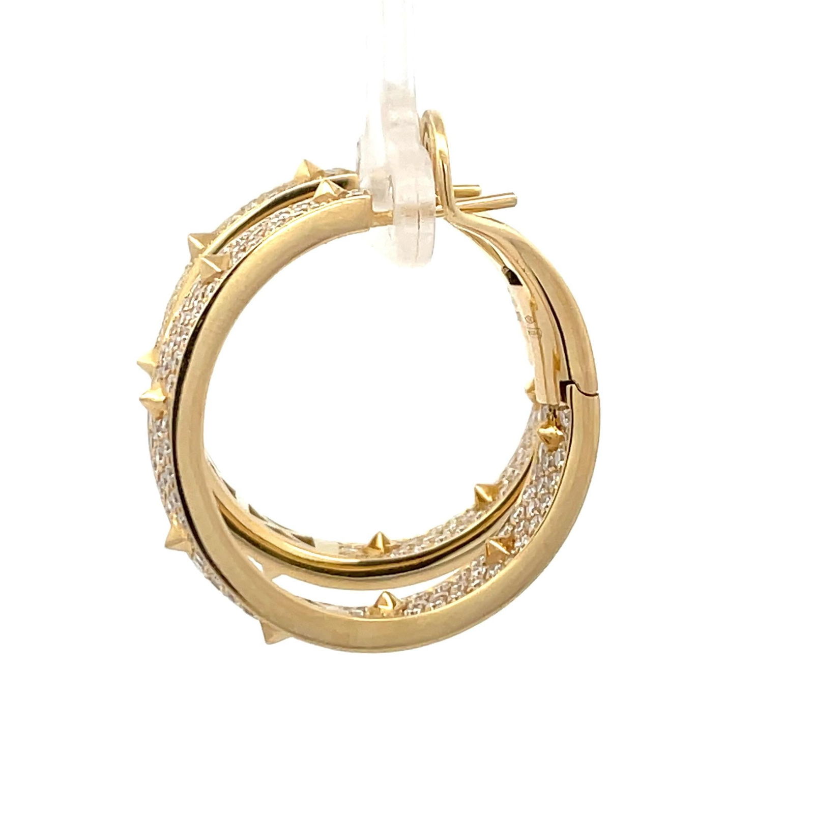 Italian Diamond Spike Hoop Earrings 2.60 Carats 18 Karat Yellow Gold F VS: Italian Diamond Spike Hoop Earrings 2.60 Carats 18 Karat Yellow Gold F VS Creator: Crivelli Metal: 18k Gold Yellow Gold Stone: Diamond Stone Cut: Round Cut Weight: 17.84 g Dimensions: Diameter: 1.13 i