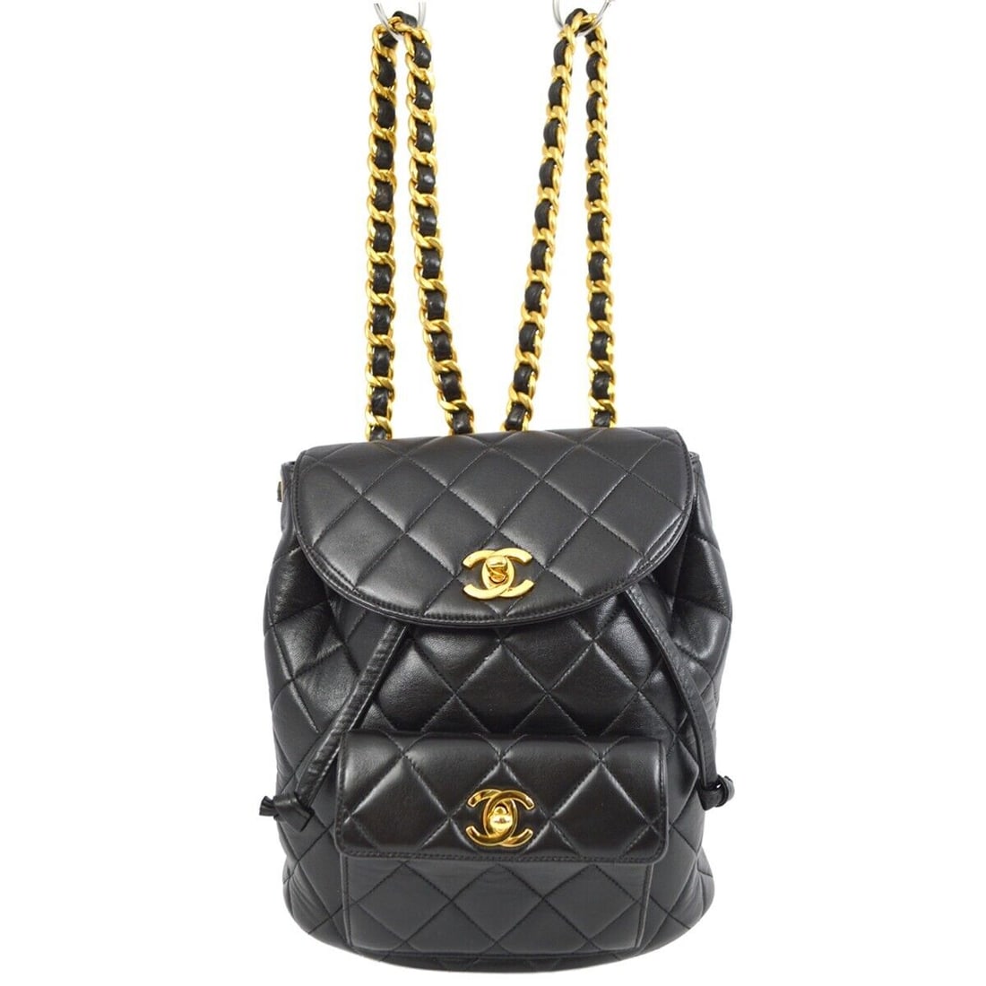 Chanel Black Lambskin Large Duma Backpack: Chanel Black Lambskin Large Duma Backpack Bag Width: 7 in Bag Height: 8 in Closure: Turn Lock Size: Small Exterior Color: Black Style: Backpack Bag Depth: 3 in Exterior Material: Lambskin Leather Prod