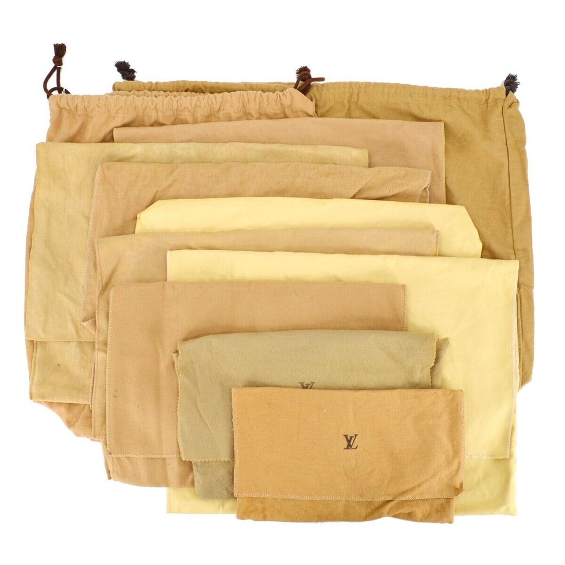 LOUIS VUITTON Dust Bag 11 Set Brown Beige 100% Cotton: LOUIS VUITTON Dust Bag 11 Set Brown Beige 100% Cotton Type: Dustbag Color: Brown Material: Cotton Outside Condition: B: Reasonable Wear and Tear/Inside Condition: C: Heavily Used The BIDHAUS Guarantee