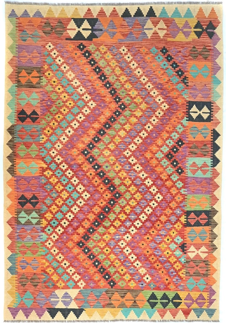 Tribal Multicolored Geometric Style 7X10 Reversible Oriental Rug Kilim Carpet: Tribal Multicolored Geometric Style 7X10 Reversible Oriental Rug Kilim Carpet Free continental US Shipping Type: Area Rug Color: Multicolored Size: 7"0 X 9"9 Production Technique: Knotted Material: Wo