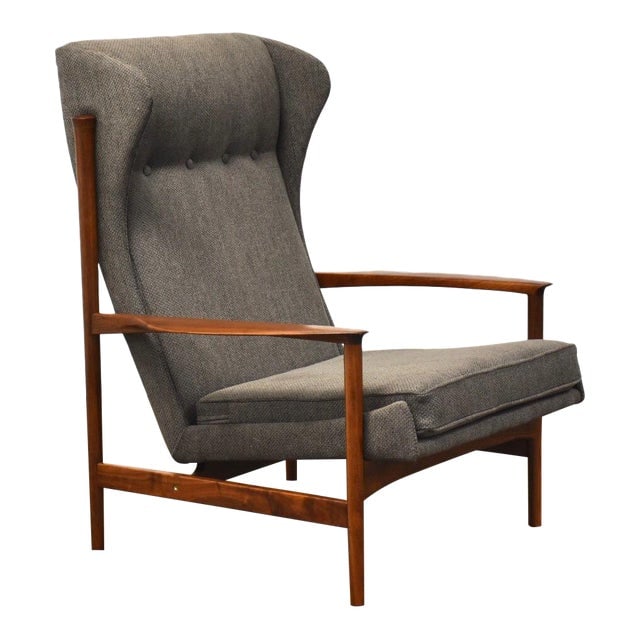 Ib Kofod Larsen Danish Modern Lounge Chair: Ib Kofod Larsen Danish Modern Lounge Chair A beautiful mid century modern walnut frame lounge chair designed by Ib Kofod Larsen for Selig. Newly reupholstered in grey fabric. Professionally refinished
