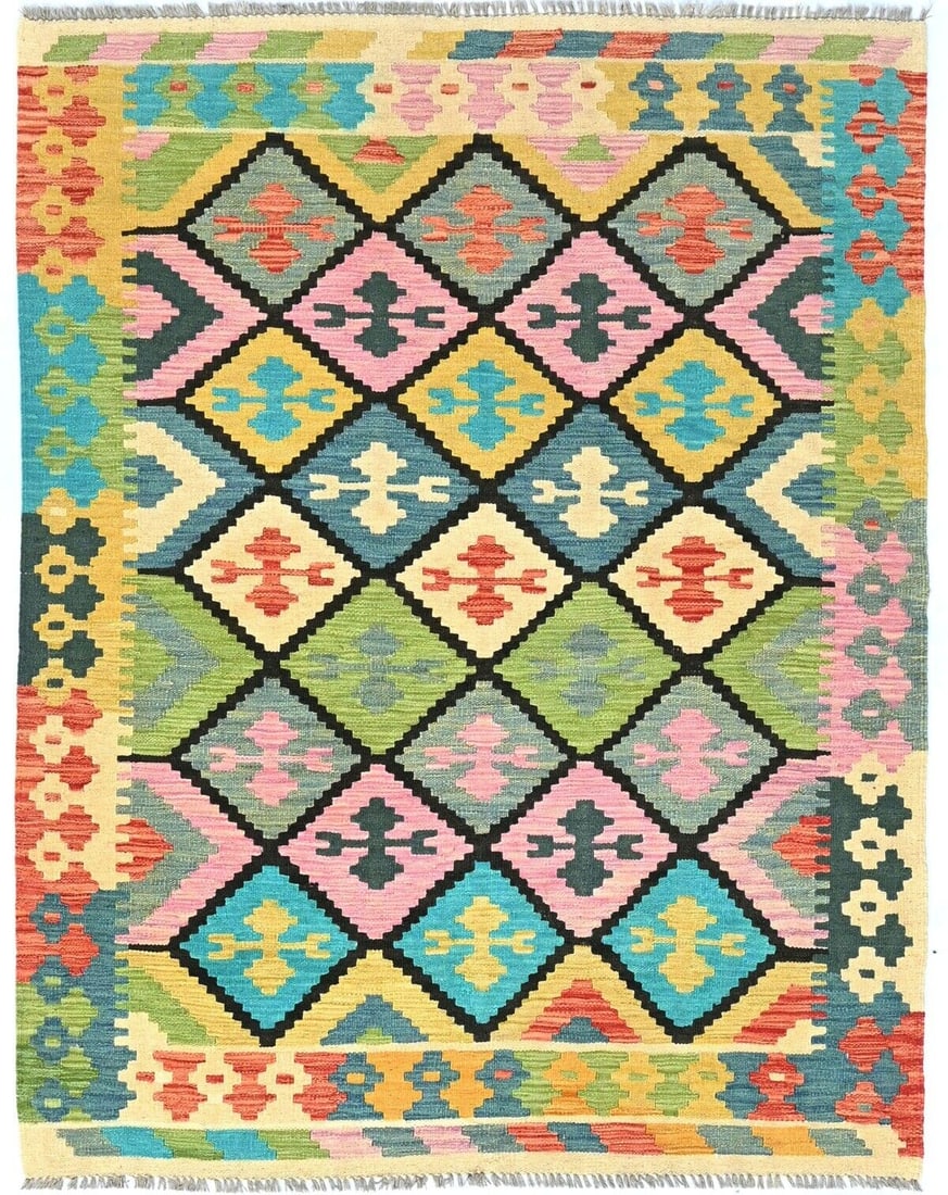 Flat-Woven Reversible Kilim 5X65 Oriental Wool Rug Multicolor Geometric Carpet: Flat-Woven Reversible Kilim 5X65 Oriental Wool Rug Multicolor Geometric Carpet Free continental US Shipping Type: Area Rug Color: Multicolored Size: 4"11 X 6"5 Production Technique: Hand-Woven Materia