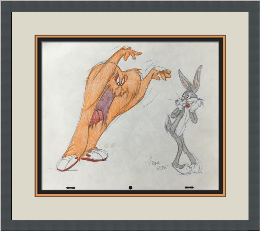 Virgil Ross Original Signed Model Sheet Drawing Bugs Bunny Gossamer Custom Frame: Virgil Ross Original Signed Model Sheet Drawing Bugs Bunny Gossamer Custom Frame Animation Studio: Warner Bros Character: Gossamer Bugs Bunny Signed By: Virgil Ross Tradition: Western Animation Signed