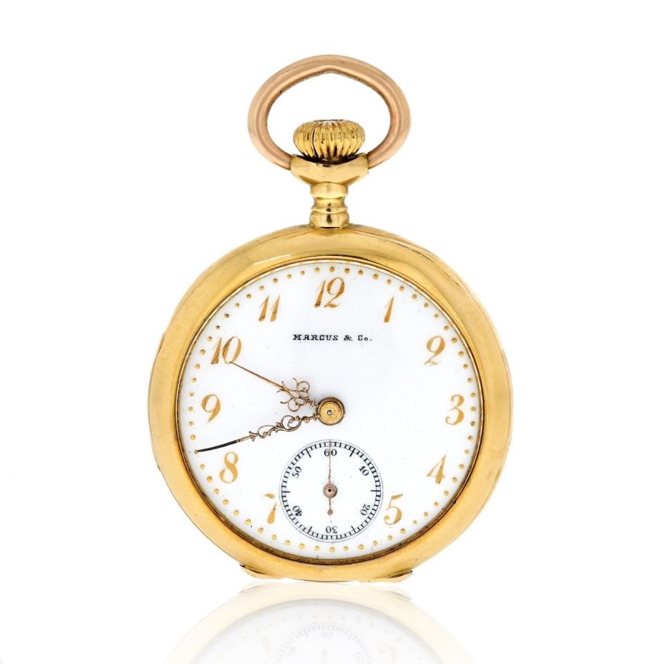 Marcus & Co. 18K Yellow Gold Victorian Pocket Watch: Marcus & Co. 18K Yellow Gold Victorian Pocket Watch Type: Vintage Watches Metal: 18K Yellow Gold Grams: 27.1 Condition: Excellent. Brand: Marcus & Co. Other Details: Marcus & Co. 18K Yellow Gold Victo