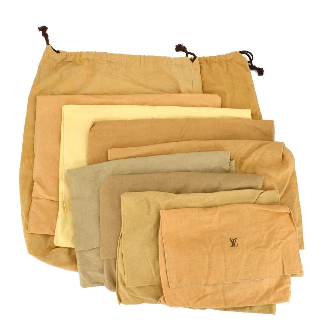 LOUIS VUITTON Dust Bag 10 Set Brown Beige 100% Cotton: LOUIS VUITTON Dust Bag 10 Set Brown Beige 100% Cotton Type: Dustbag Color: Brown Material: Cotton Outside Condition: B: Reasonable Wear and Tear/Inside Condition: C: Heavily Used The BIDHAUS Guarantee