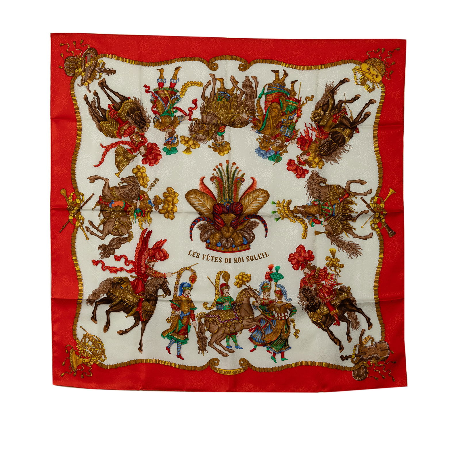 Hermes Les Fetes Du Roi Soleil Silk Scarf: Hermes Les Fetes Du Roi Soleil Silk Scarf The Les Fetes Du Roi Soleil scarf features a print on 100% silk. Brand: Hermes Model: Les Fetes Du Roi Soleil Silk Scarf Origin: France Category: Accessories