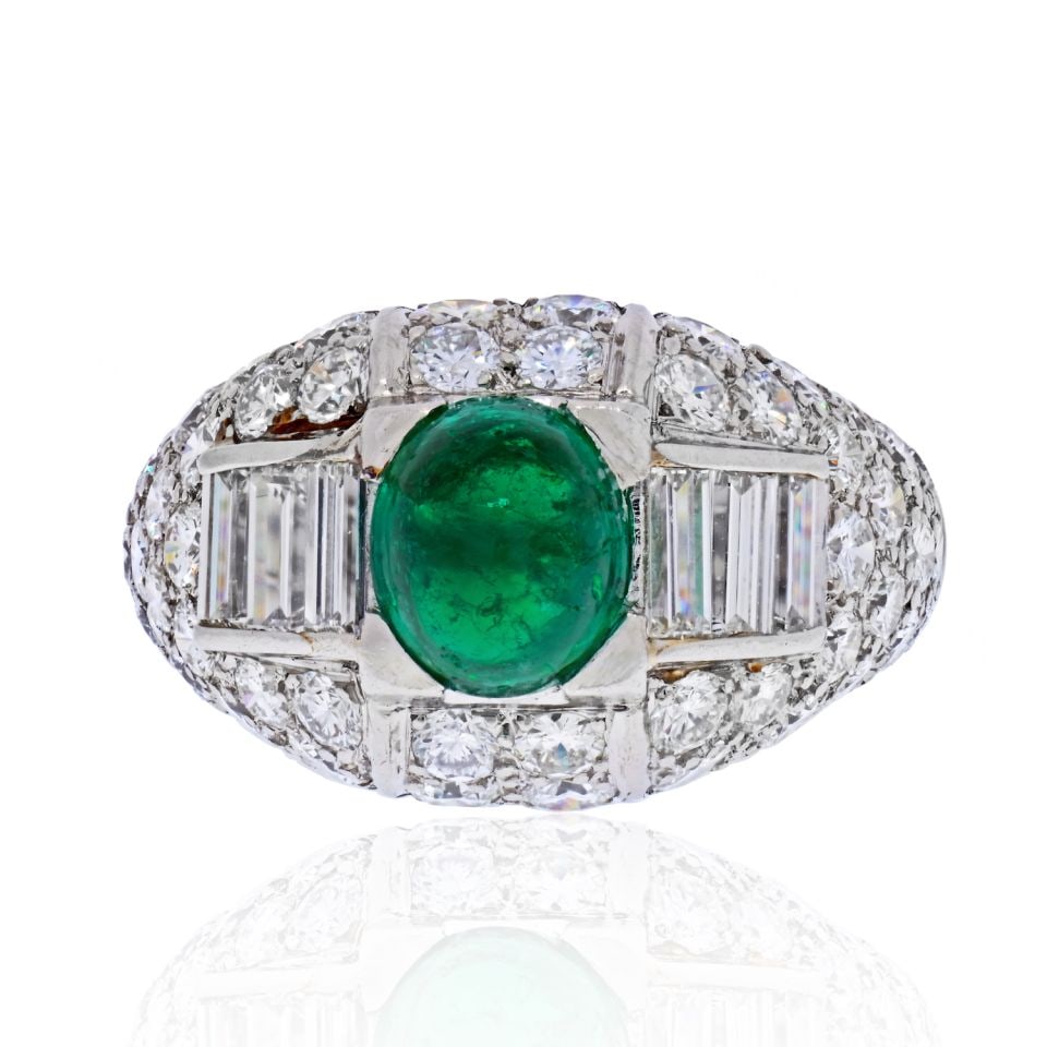 Cartier Platinum Cabochon Emerald And Diamond Vintage Ring: Cartier Platinum Cabochon Emerald And Diamond Vintage Ring Type: Estate Rings Metal: Platinum Grams: 9.6 Exact Diamond Weight: 5 Cts Ring Size: 7.5 Measurements: Size: 7.5 Condition: Very Good Signed