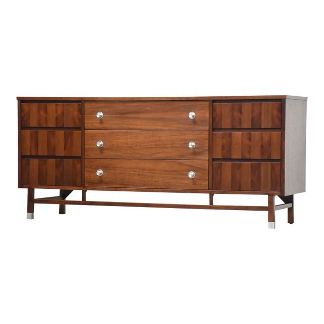 1970s Refinished Walnut and Rosewood Dresser by Stanley 66in Wide 18.75in Deep: 1970s Refinished Walnut and Rosewood Dresser by Stanley A mid century modern walnut and rosewood long dresser made by Stanley Furniture with aluminum knobs. Professionally refinished. 66" wide. 18.75"