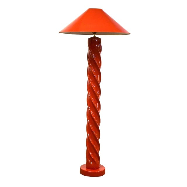 Michael Taylor Style Spiral Floor Lamp: Michael Taylor Style Spiral Floor Lamp A modern floor lamp in vibrant red. In the style of Michael Taylor. Some minor chips shown. This listing is for one lamp. Two available. Shade has a 25" diameter