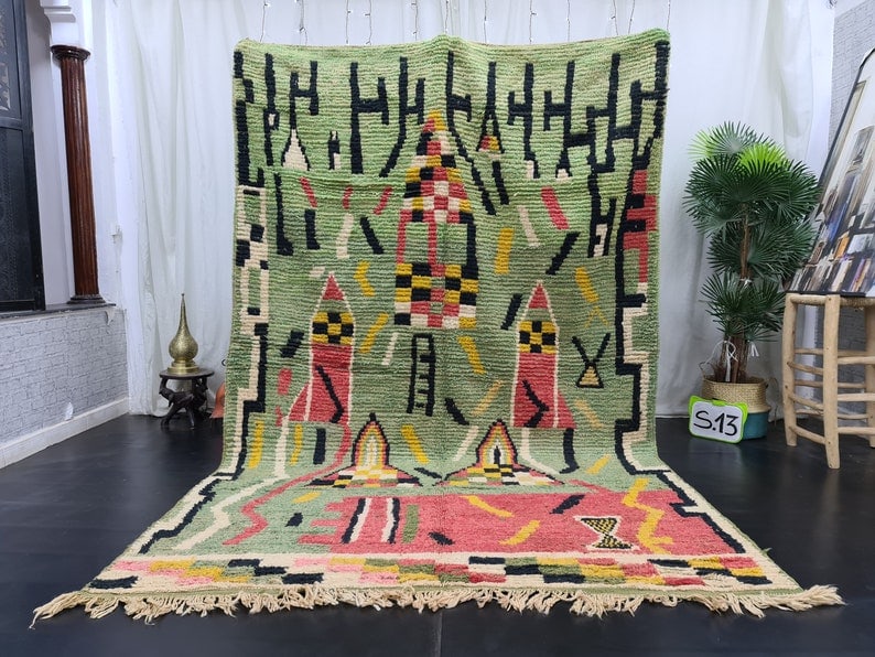 Authentic Green Handmade Moroccan Berber Rug 9.84 x 6.56 Feet: Stunning Green Rug Stunning Authentic Green Handmade Moroccan Berber Rug. It was handwoven in the Atlas Mountains by local Berber women weavers using traditional tools and natural local wool. Size : 9