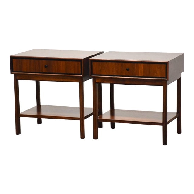 1960s Walnut Nightstands by Founders - Pair - Mid Century Modern: 1960s Refinished Walnut Nightstands by Founders - a Pair A pair of mid century modern walnut single drawer nightstands with a lower shelf and black accents designed by Jack Cartwright for Founders. Un