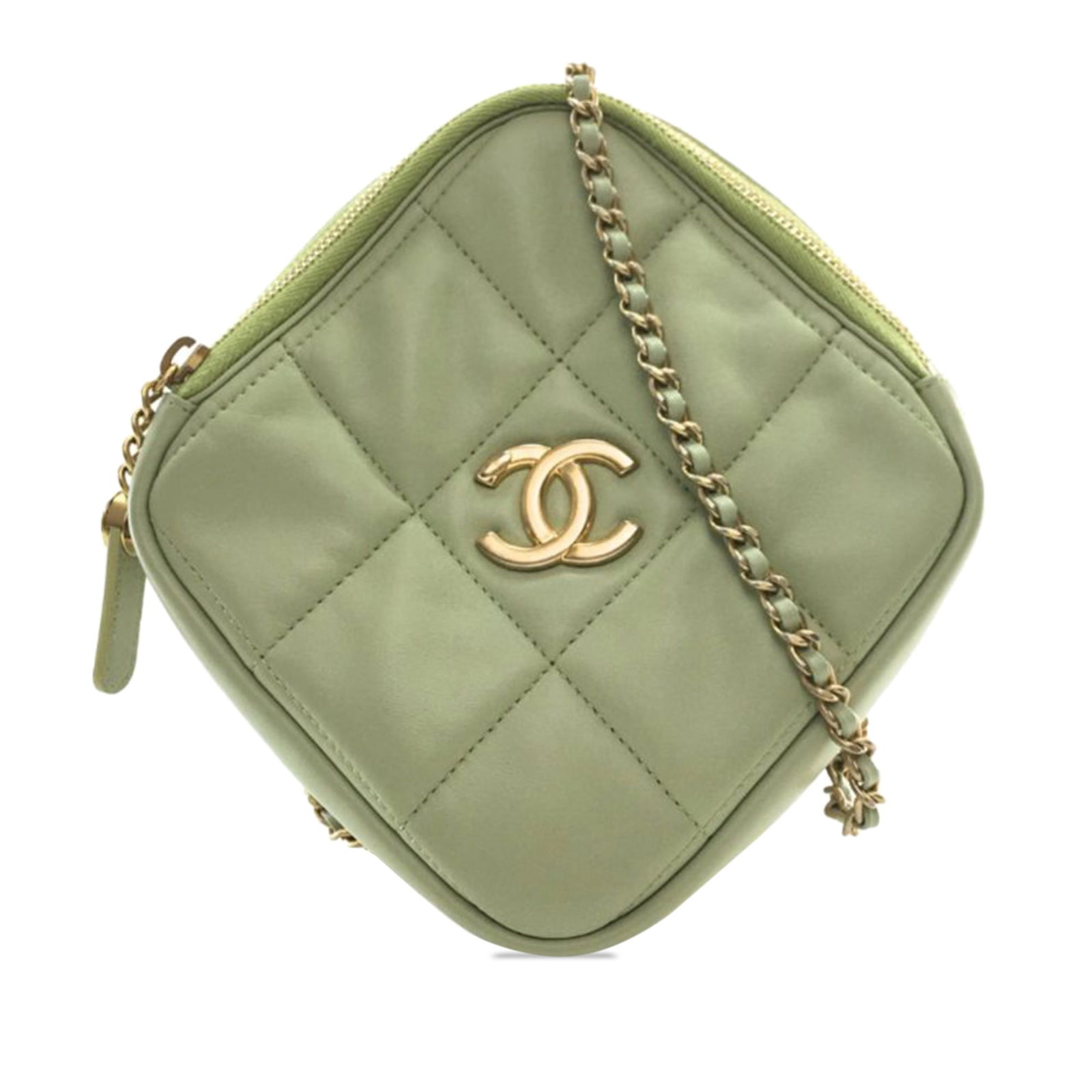 Chanel CC Lambskin Diamond Clutch with Chain: Chanel CC Lambskin Diamond Clutch with Chain This crossbody bag features a lambskin leather body a leather-woven chain shoulder strap a top zip closure and an interior slip pocket. Brand: Chanel Model