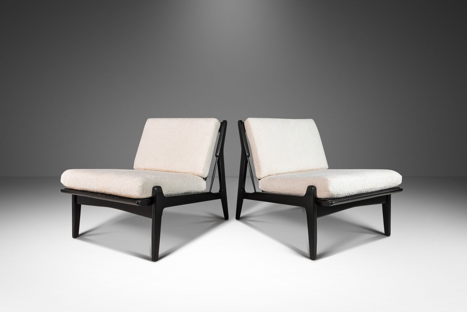 Set of Two (2) Rare Ebonized Lounge Chairs in Boucle by Ib Kofod Larsen for Selig Denmark c. 1950s: Set of Two (2) Rare Ebonized Lounge Chairs in Boucle by Ib Kofod Larsen for Selig Denmark c. 1950s Set of Two (2) Rare Ebonized Lounge Chairs in Boucle by Ib Kofod Larsen for Selig Denmark c. 1950's A