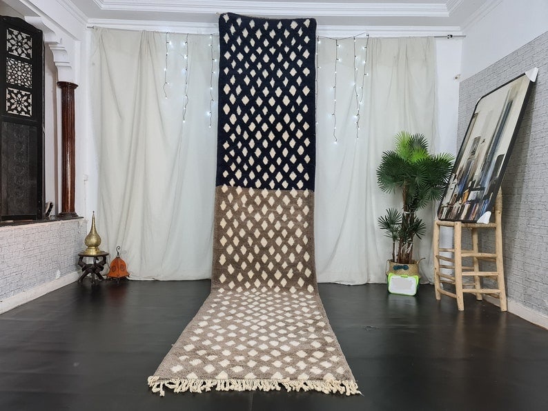 Handmade Moroccan Berber Runner Rug 2 x 13 feet: Long Stunning Runner Rug Luxury Soft Handmade Moroccan Berber Runner Rug contans two main colors brown and dark blue and beautified with white dots all over the rug. It was handwoven in the Middle Atl