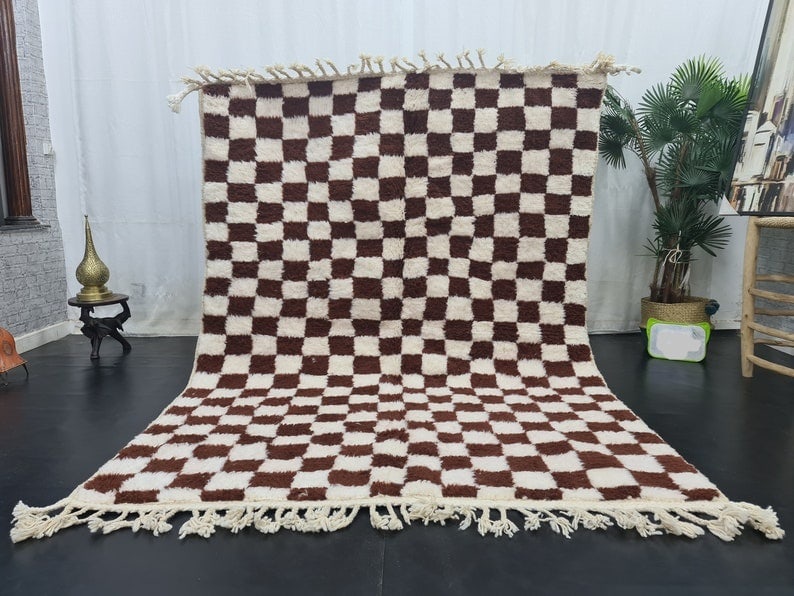 Authentic Soft Handmade Moroccan Wool Chess Rug 9.84 x 6.56 feet: Chess Rug Authentic Soft Handmade Moroccan Wool Rug with a chess design in brown and white. This stunning rug was handwoven in the Middle Atlas Mountains by local Berber women weavers using local natu