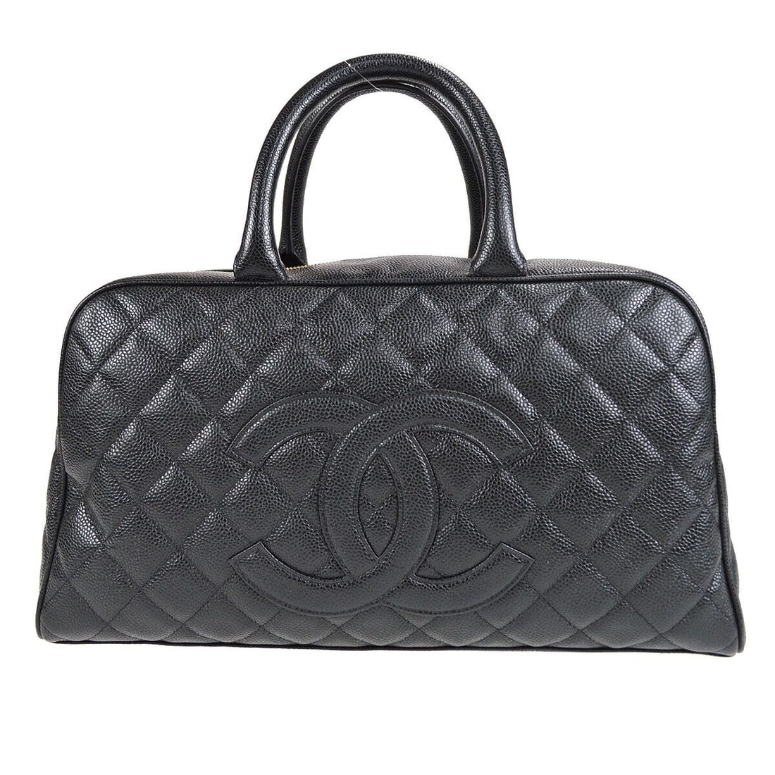 CHANEL Quilted CC Bowling Bag Purse Black Caviar Skin: CHANEL Quilted CC Bowling Bag Purse Black Caviar Skin Bag Width: 15 in Pattern: Matelasse Bag Height: 8 in Closure: Zipper Occasion: Casual Handle/Strap Color: Black Size: Medium Handle Style: Double