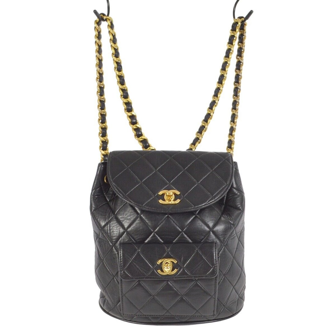 Chanel Black Lambskin Large Duma Backpack: Chanel Black Lambskin Large Duma Backpack Bag Width: 7 in Bag Height: 8 in Closure: Turn Lock Size: Small Exterior Color: Black Style: Backpack Bag Depth: 3 in Exterior Material: Lambskin Leather Prod