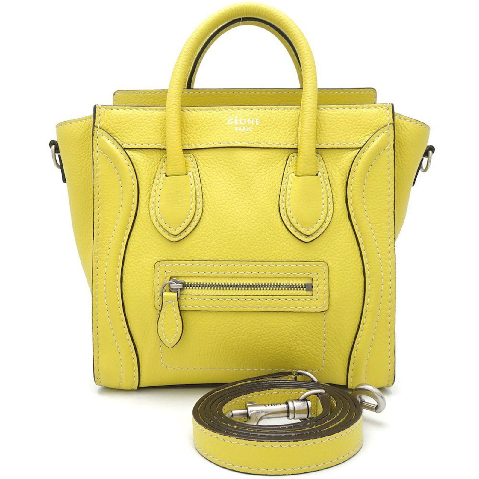 Celine Luggage: Celine Luggage Brand: Celine Model: Luggage Color: Yellow Material: Leather Dimensions: 19.5cm x 19.5cm x 10cm Comments: The Celine Luggage bag an emblematic model of the brand stands out for its bold
