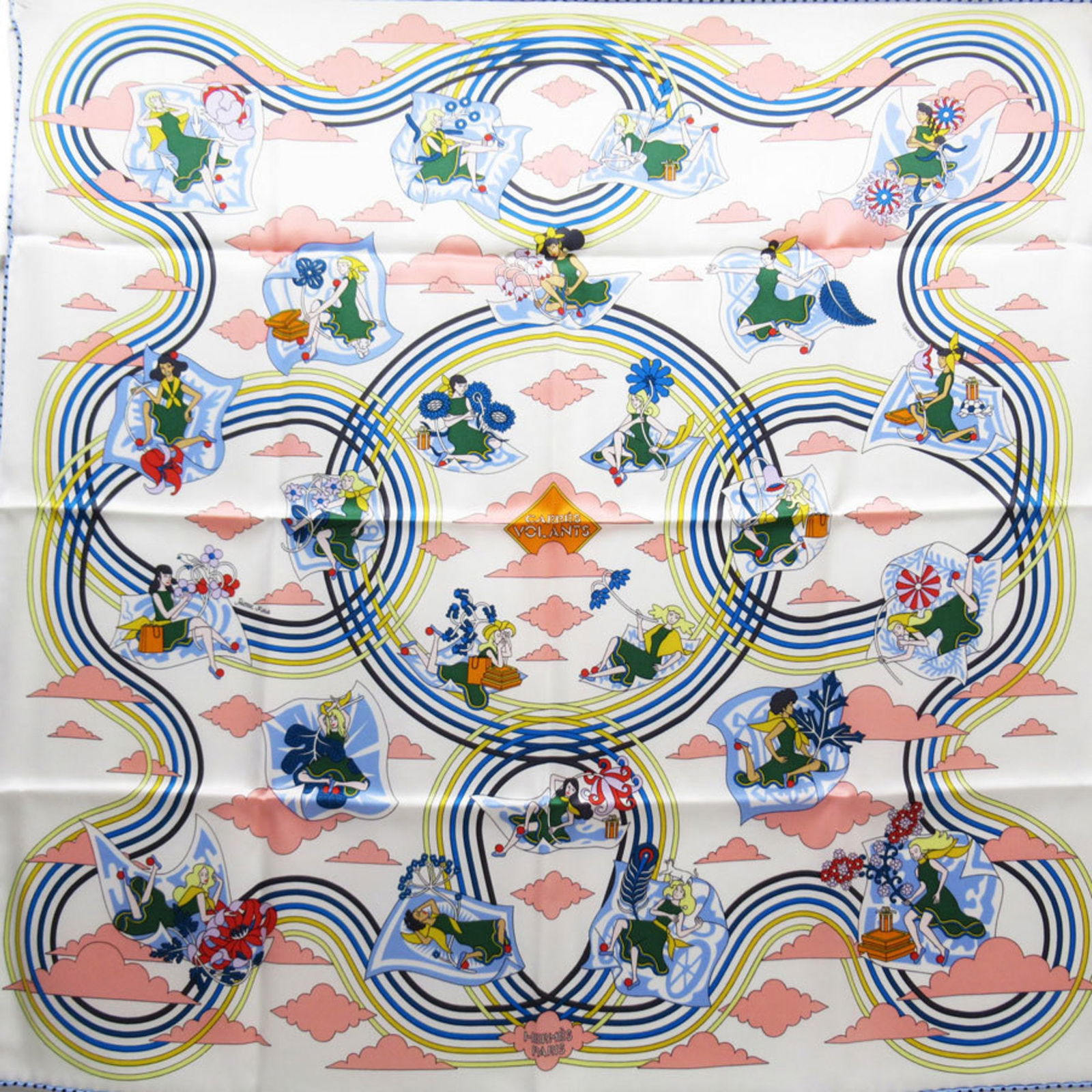 Hermes HERMES Scarf Carre 70 CARRES VOLANTS Flying White x Multicolor 100% Silk: Hermes HERMES Scarf Carre 70 CARRES VOLANTS Flying White x Multicolor 100% Silk Brand: Hermes Country of Origin: France Type: Scarf Gender: Women Color: Multi-color White Material: Silk100% Silk: 100%
