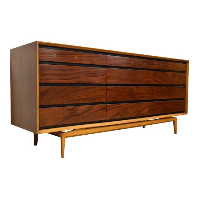 De Coene Freres Rosewood Walnut Dresser Brass Inlay 73.75in x 20in x 32.25in: De Coene Freres Rosewood and Walnut Dresser A marvelous twelve drawer rosewood front dresser with circular brass inlay built around a walnut case designed by De Coene Freres made in Belgium. The black