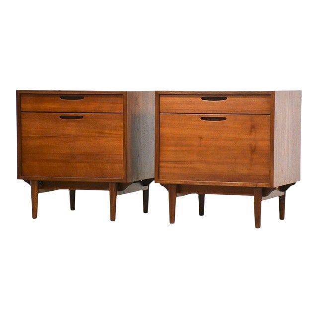 Kofod Larsen Selig Danish Teak Nightstands Pair Mid Century Modern: Kofod Larsen for Selig Danish Teak Nightstands - a Pair A pair of mid century modern teak nightstands designed by Kofod Larsen for Selig. Professionally refinished. 21.75" wide. 17.75" deep. 23.75" ta