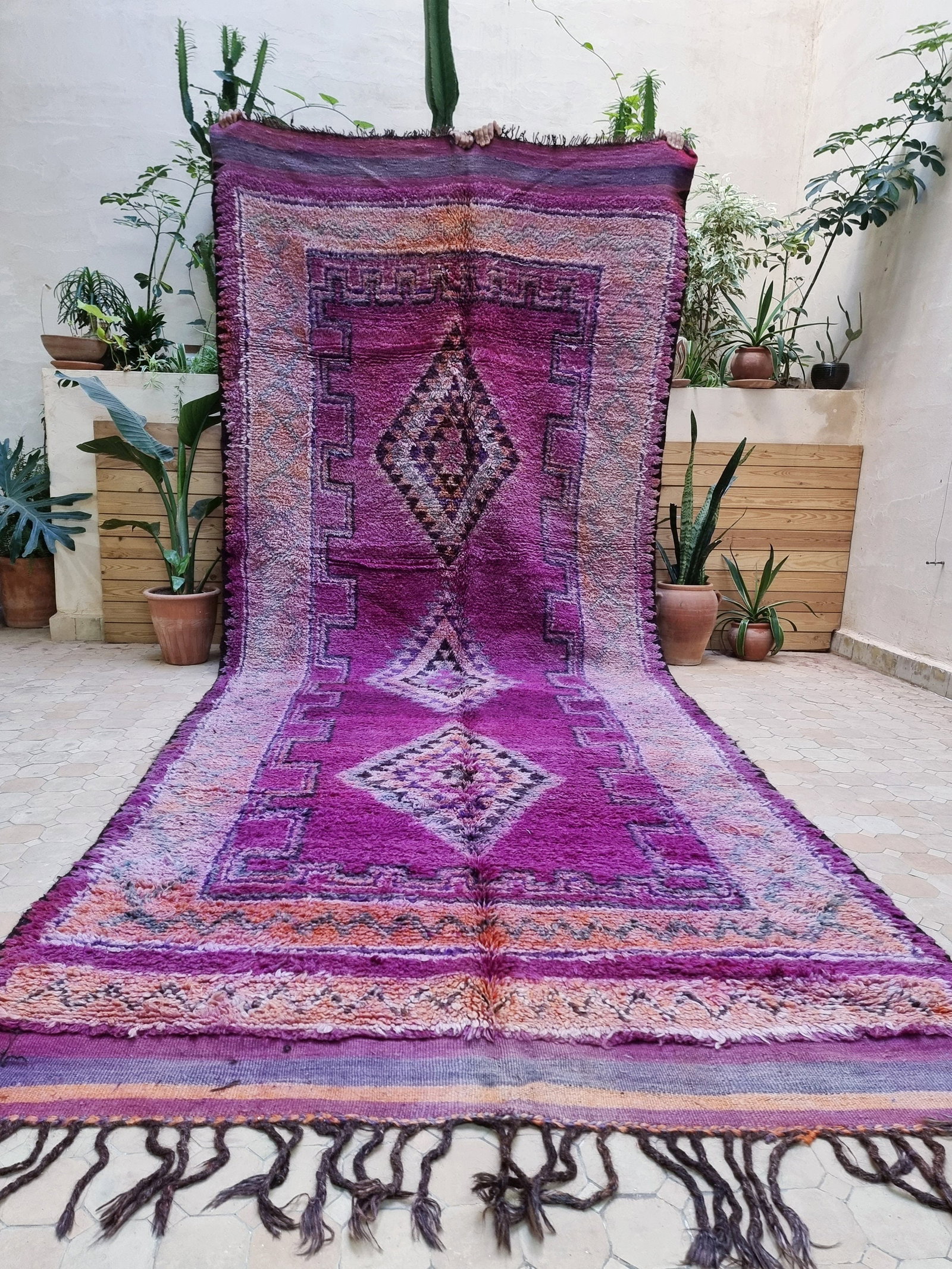Moroccan Vintage Boujaad Rug Regal Purple Splendor 167 x 65 inches Natural Wool: Moroccan Vintage Boujaad Rug -Regal Purple Splendor - 167 x 65 inches - (425 x 167 cm) - Natural Wool - Immerse yourself in the regal charm of our Vintage Boujaad Moroccan Rug adorned in a luxurious v