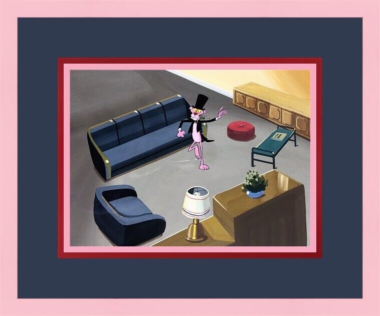 Pink Panther Original Hand Painted Production Cel Framed 18in x 16in: Pink Panther Hat & Tuxedo Original Hand Painted Animation Production Cel Framed Animation Studio: Freleng Studios Character: Pink Panther Signed By: not signed Tradition: Western Animation Signed: No 