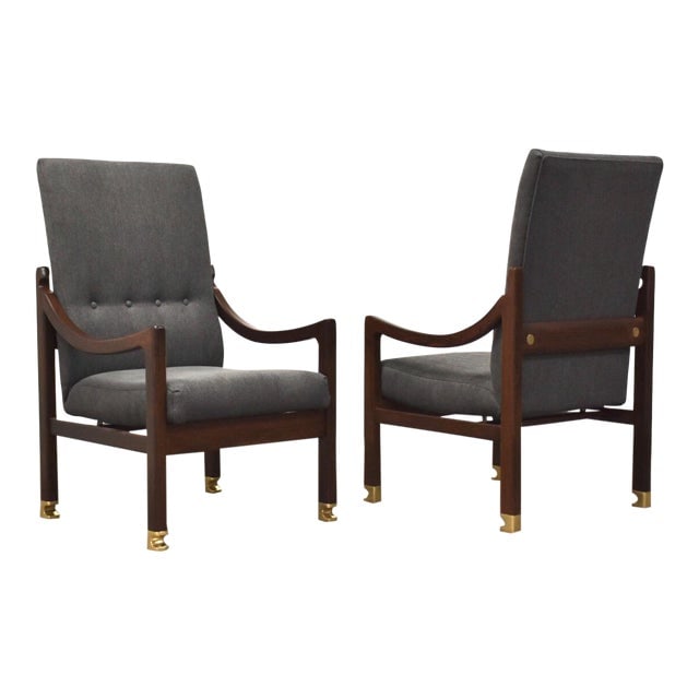 Kofod Larsen Mid Century Modern Lounge Chairs by Selig Pair 25.5inW 30inD 44inH: Kofod Larsen Megiddo Lounge Chairs - a Pair This extremely rare pair of lounge chairs were designed by Ib Kofod Larsen for the Megiddo Collection made in Israel commissioned by Selig with brass sabots