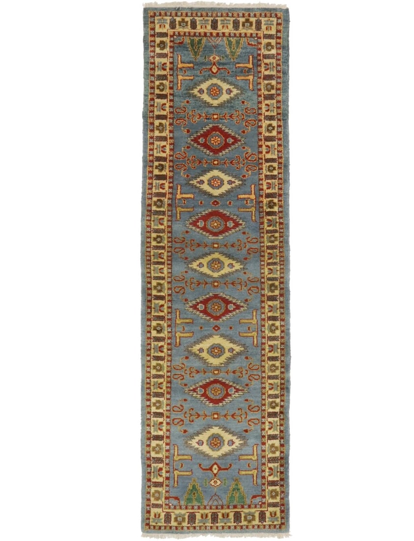 Tribal Geometric Handmade 3X10 Kazak Oriental Runner Rug Hallway Kitchen Carpet: Tribal Geometric Handmade 3X10 Kazak Oriental Runner Rug Hallway Kitchen Carpet Free continental US Shipping Type: Runners Size: 2"9 X 9"9 Color: Blue-gray Cream Rusty Red Gold Brown Olive Light Blue 