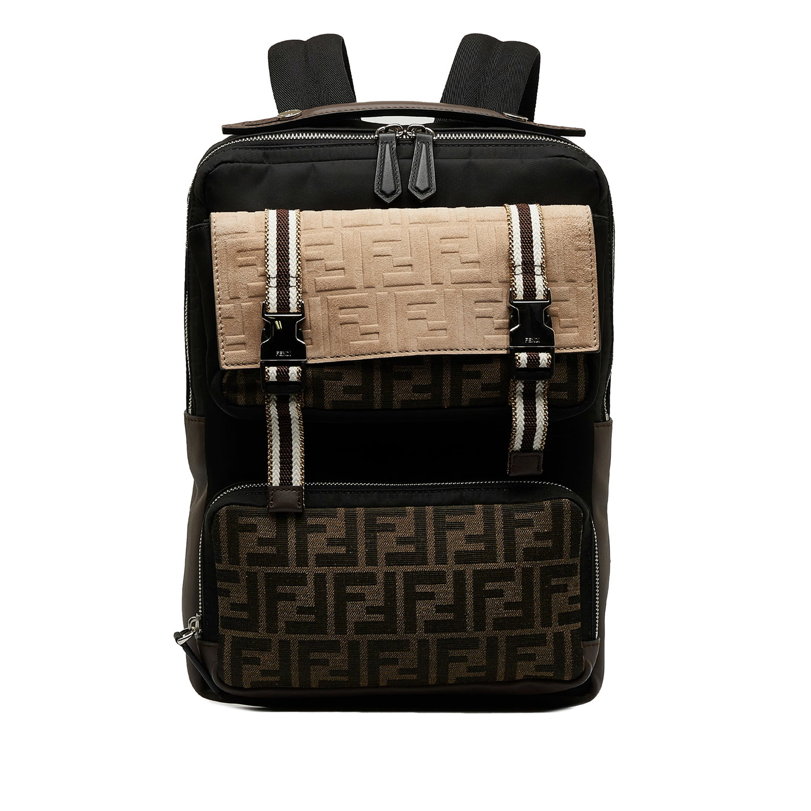 Fendi Zucca Multi Pocket Backpack: Fendi Zucca Multi Pocket Backpack This backpack features a nylon and canvas body with leather panels a flat top handle flat backstraps a top zip closure an exterior zip pocket embossed leather flap po