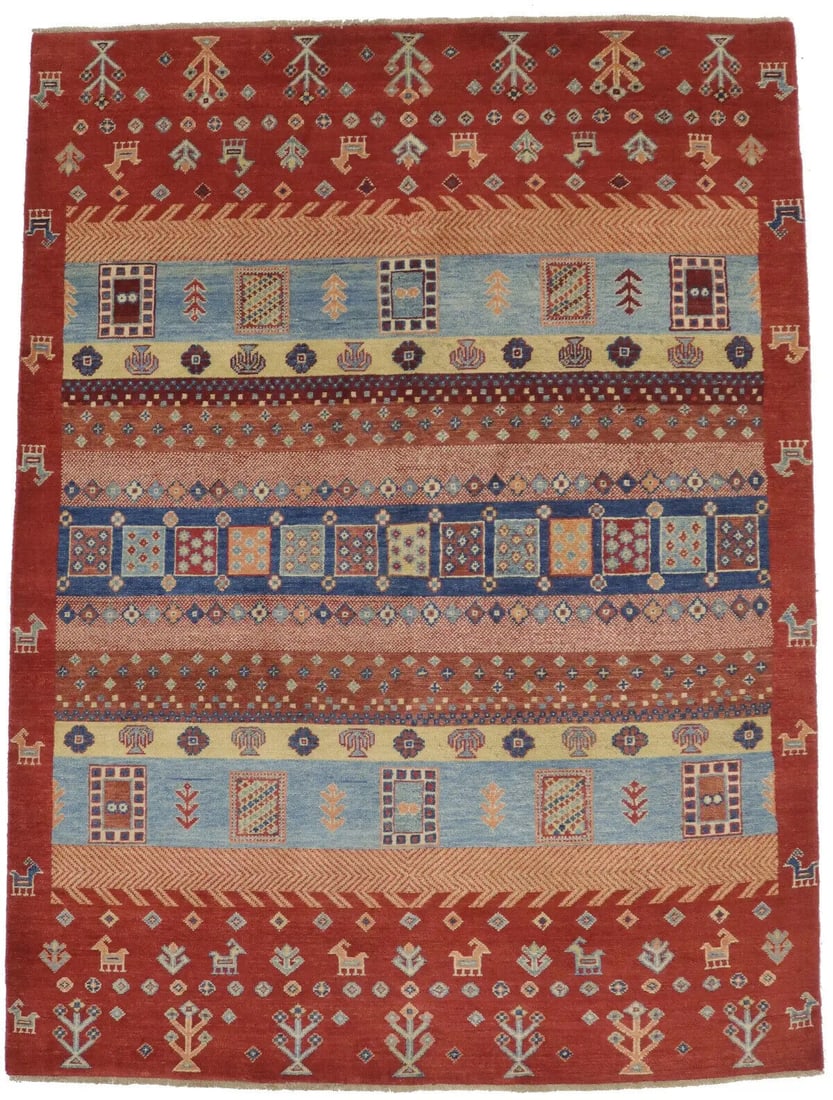 Handmade Rare Tribal Rusty Red 5X7 Kazak Gabbeh Pakistan Rug: Handmade Rare Tribal Rusty Red 5X7 Kazak Gabbeh Pakistan Rug Oriental Gabbeh Free continental US Shipping Type: Area Rugs Color: Rusty Red Pale Yellow Blue Cream etc Size: 6"10" X 5"0" - 5"3" Ft Mater