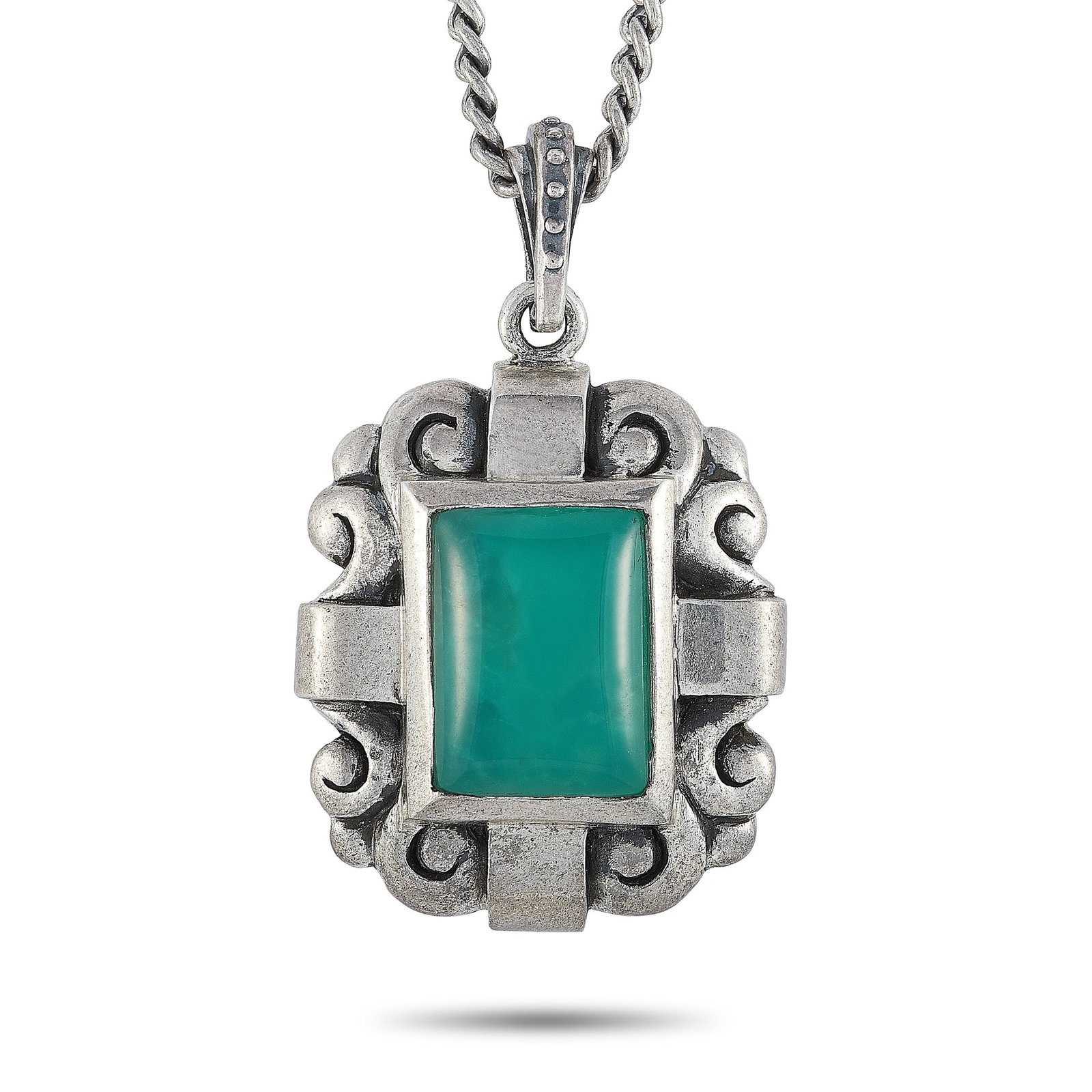 King Baby Silver and Chrysoprase Scrollwork Pendant Necklace K10-3207CHR: King Baby Silver and Chrysoprase Scrollwork Pendant Necklace K10-3207CHR This King Baby necklace is crafted from silver and weighs 54.2 grams. The necklace is presented with a 22 chain onto which a 2 