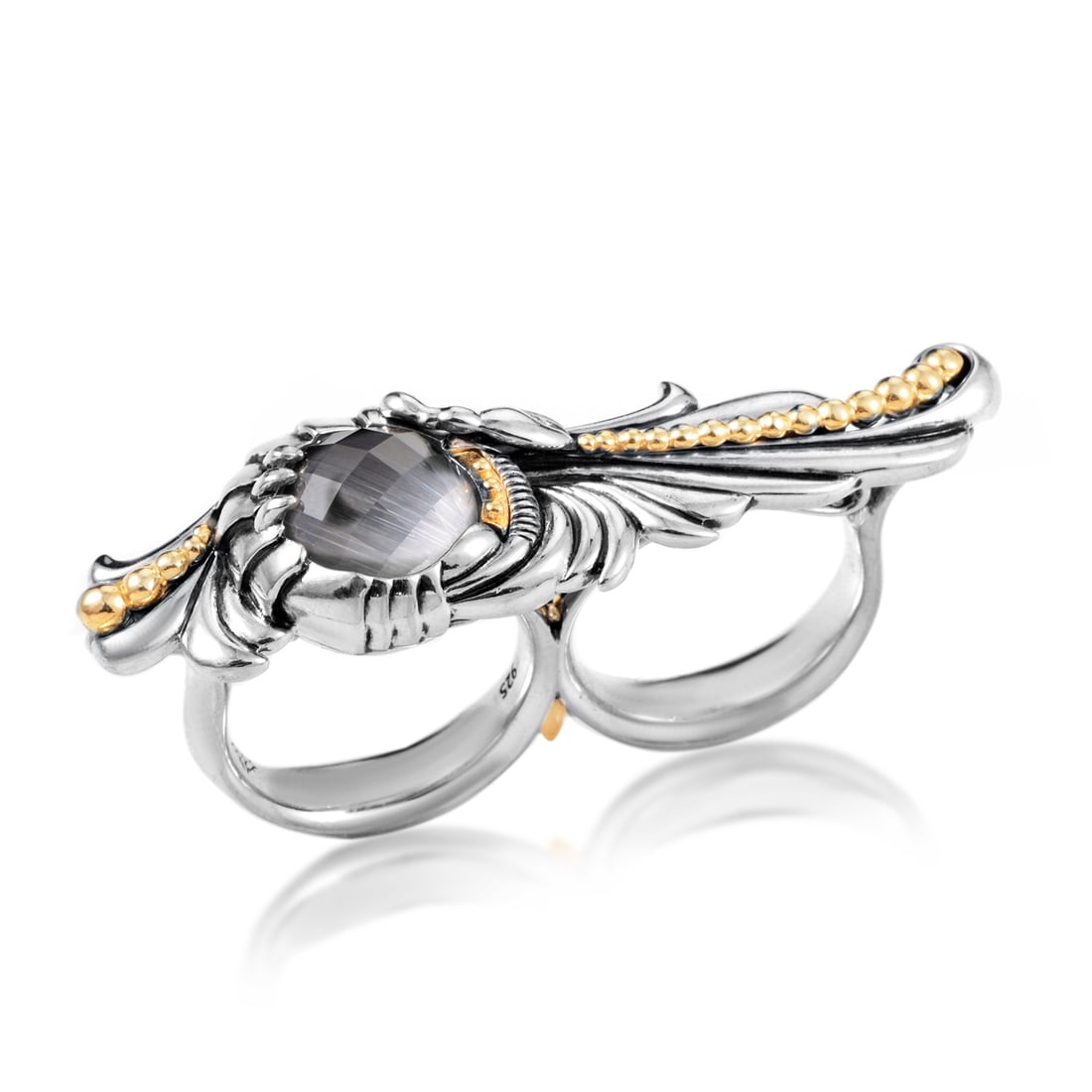 Stephen Webster Jewels Verne Silver Cat's Eye & Quartz Double Finger Ring 3012740004: Stephen Webster Jewels Verne Silver Cat's Eye & Quartz Double Finger Ring 3012740004 Magical in its elegance and ethereal colors, this gracefully designed Stephen Webster two-finger ring is a stunning