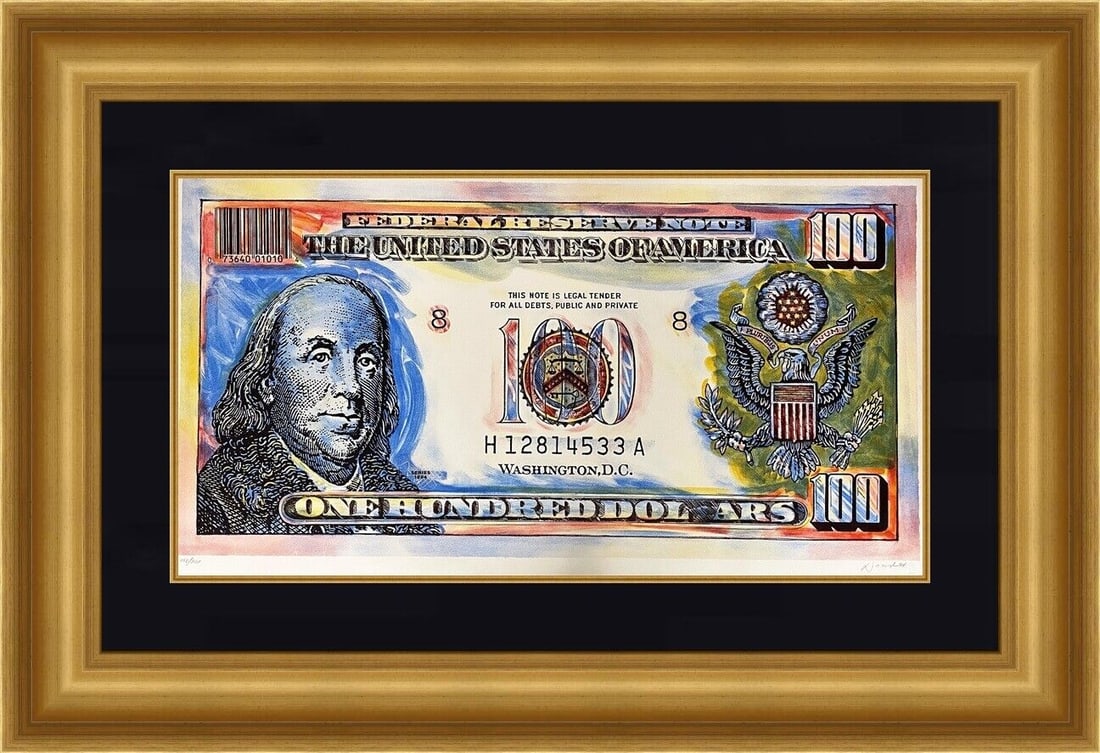 Robert Dowd Signed Serigraph 100 Dollar Bill Custom Framed: Robert Dowd Signed Serigraph New Money 100 Bill Custom Framed PING Artist: Robert Dowd Unit Of Sale: Single Piece Signed By: Robert Dowd Size: Large Item Length: 49in Region Of Origin: USA Framing: Ma
